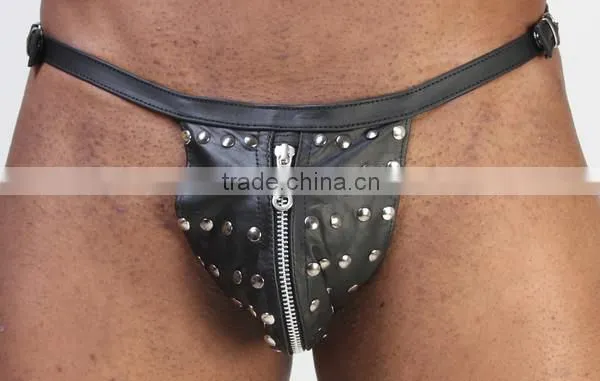 New Mens Sexy Black Leather Briefs With True Metal Chain Gay / Fetish S/M