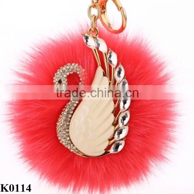 Hot Luxury Car Rhinestone Fox Fur Ball Key Chain women's car keychain plush fur ball swan keychain charm colored key chain K0114