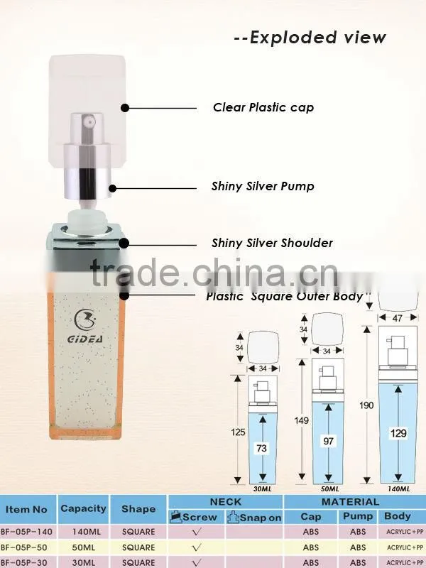 30ml 50ml 140ml Acryl cosmetic packaging bottle square