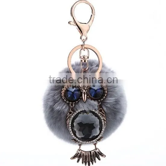 Rhinestone owl bag keychain with 8cm rabbit Fur ball