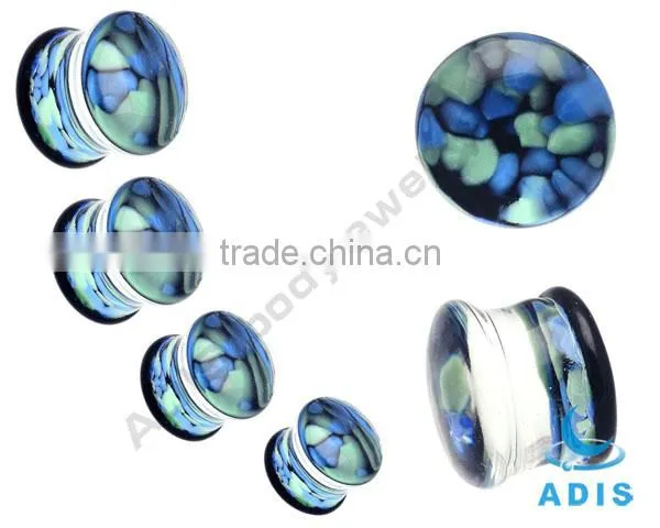 Blue White Petal Flower Piercing Glass Ear Plugs