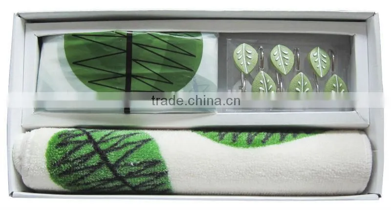 leaf pattern design peva shower curtain with 12 resin hooks