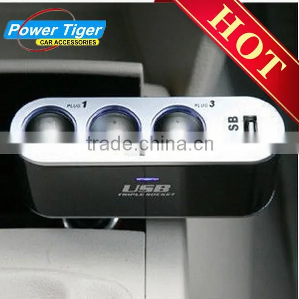triple socket 12V/24V Car Cigarette Lighter with USB Port