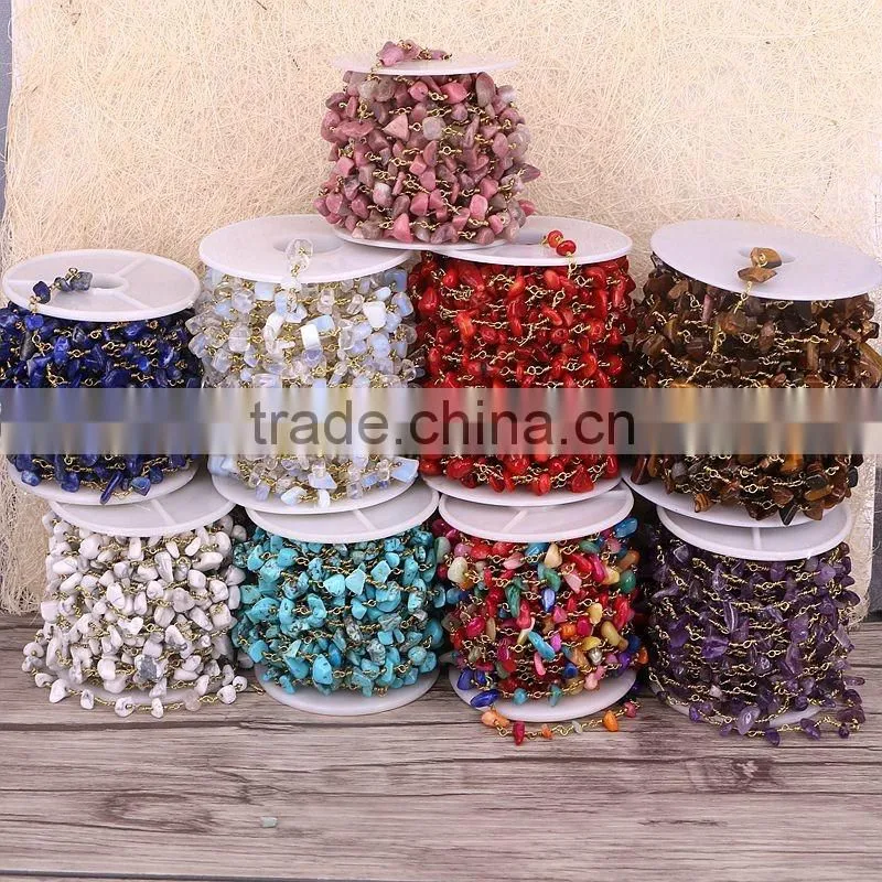 Natural Garnet Chips Nugget Beaded Plated Brass Hand Wired Link Rosary Chains For Necklace Jewelry