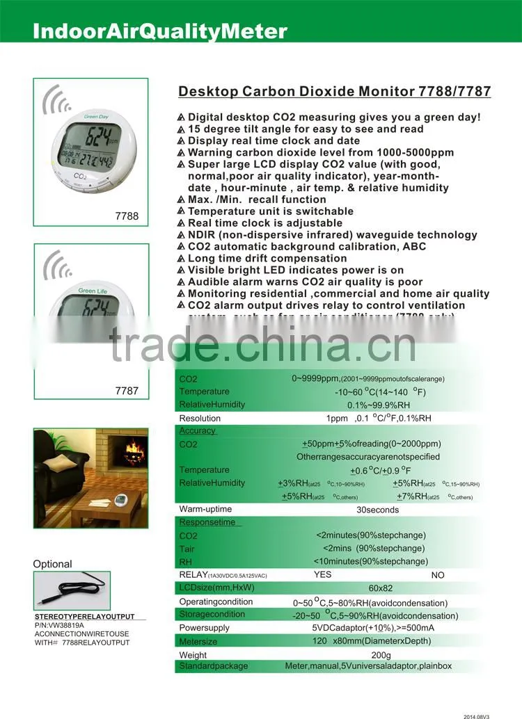 High Accuracy NDIR Sensors IAQ Monitor, RH Temperature CO2 Detector AZ7788