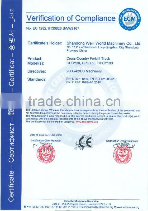 rough terrain forklift CPCY100 with ce for sale