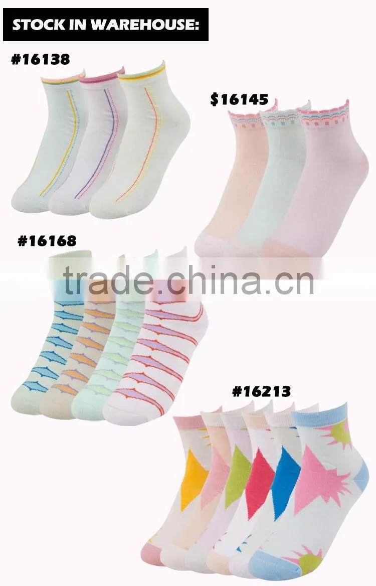 Stock fashion color mix design pattern comfortable dailey cotton lady socks