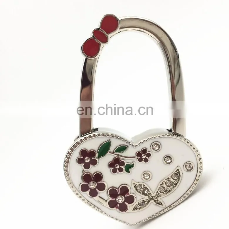 Wholesale Heart shape foldable purse hanger/ bag hook with flower design
