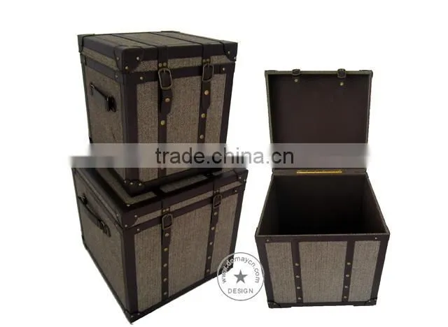 S/3 large decorative faux leather storage trunk organier, wooden trunk
