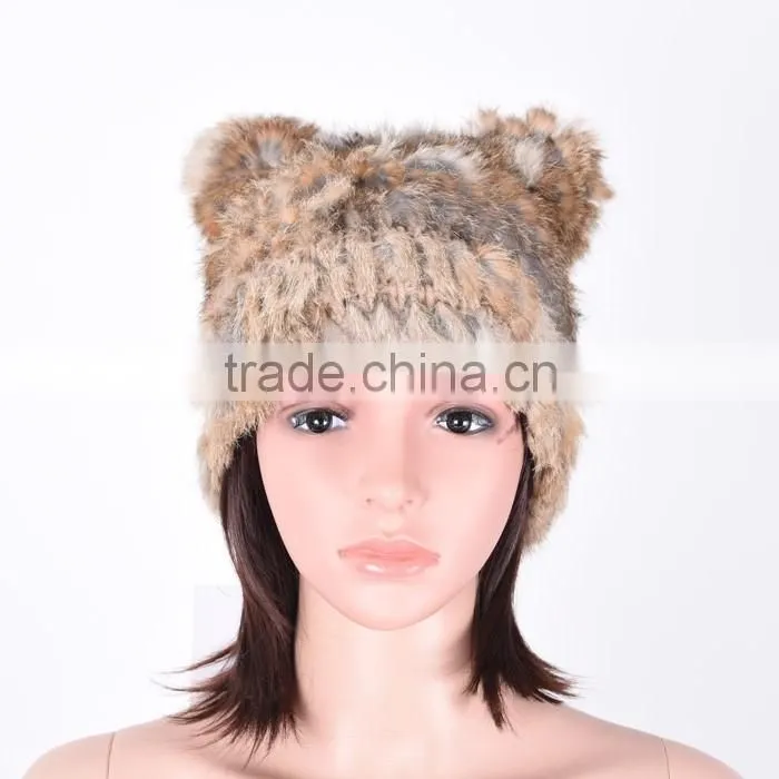 Girls`cute winter fur hat rabbit fur knitted hat KZ140006