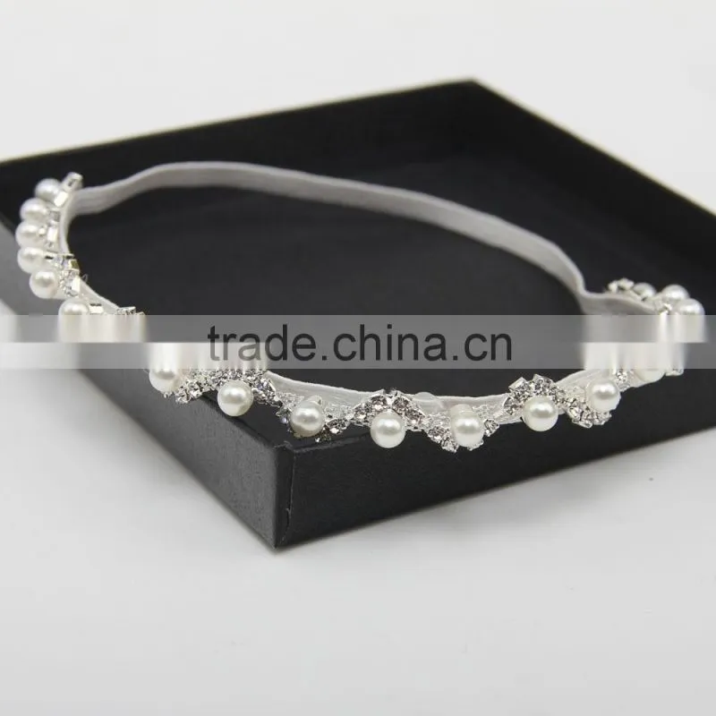 Newborn baby Rhinestone pearls elastic headband hair accessories / glitter crystal diamond ribbon silk jewelry on sale