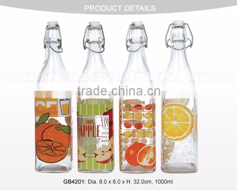 Decored Beverage 1 Liter 1000ml Wine Juice Water Milk Glass Bottle with Hermetic Lid