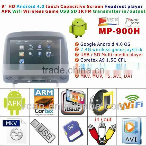 800X480 resolution 9" monitor with digital android 4.0 touch screen car headrest