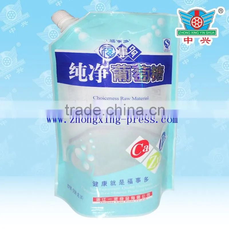 Shock resistant dishwashing liquid packaging,stand up pouch with spout,flexible plastic packaging