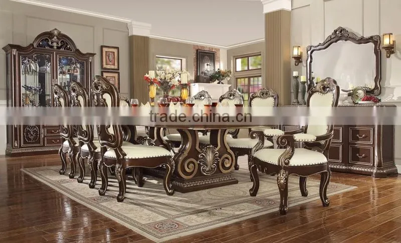European Style Walnut Color Solid Wood Dining Room Table With Chairs And Display Cabinet, Royal Dining Room Furniture(MOQ=1 SET)