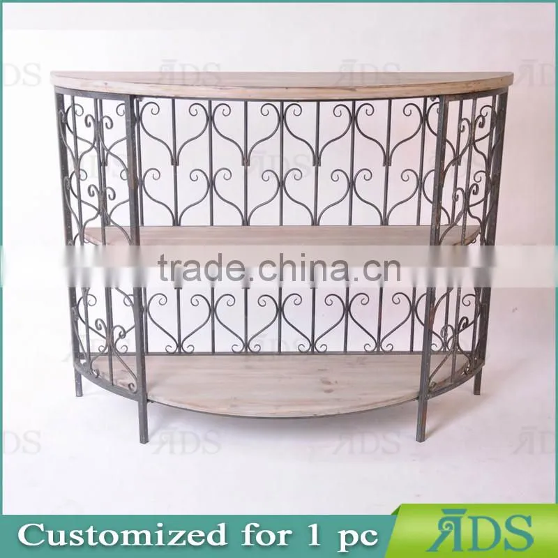 Antique metal frame console table with 4 wood drawers and shelf