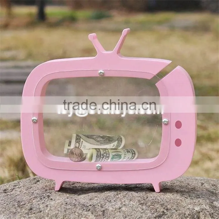 New design TV shape girls lovely wooden coin bank with logo customize W02A253