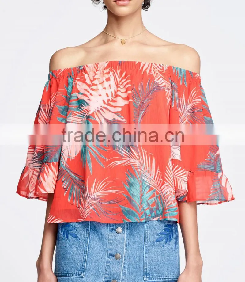 Tropical plant print tunic tops off the shoulder puff sleeve womens shirts