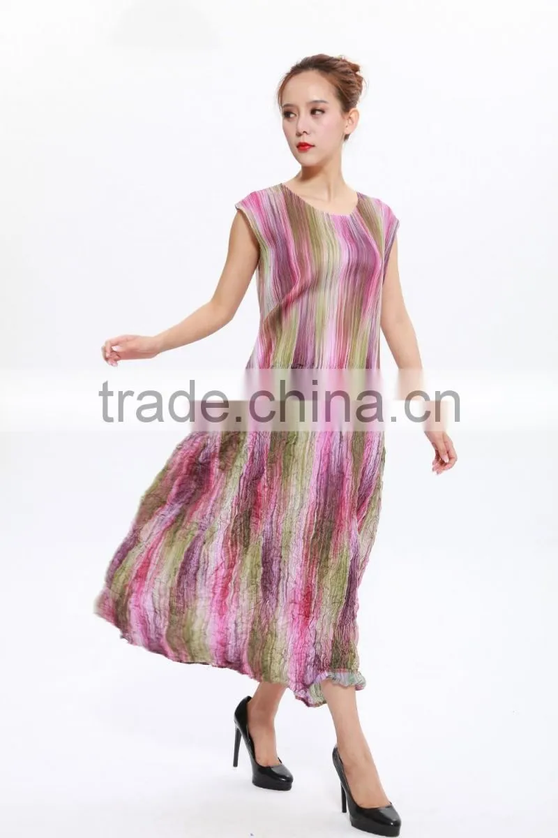 Women latest designs colorful printing sleeveless pleated dresses