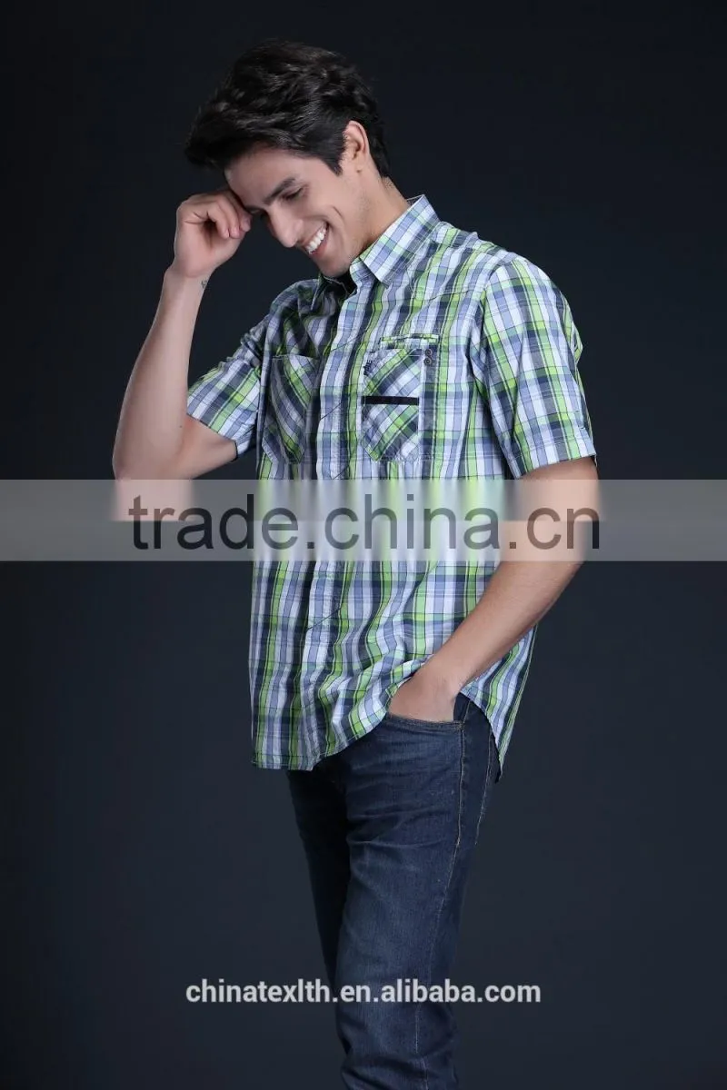 Fashion Short Sleeve Casual Design High Quality 100%Cotton Check Men Shirt