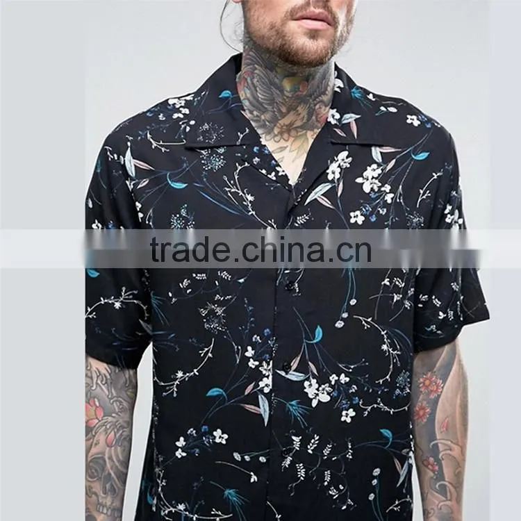 Printed short sleeve men's shirt Black summer style fashion casual shirt