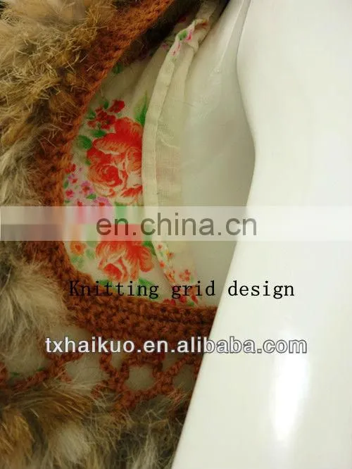 2013 ladies new fashion rabbit fur Knitting grid design brown orange vest in spring