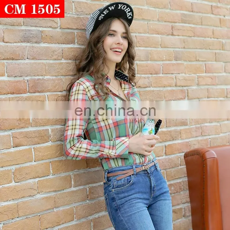 2017 latest design 100% cotton beautiful mixedcolor plaid t shirt blouse for young women