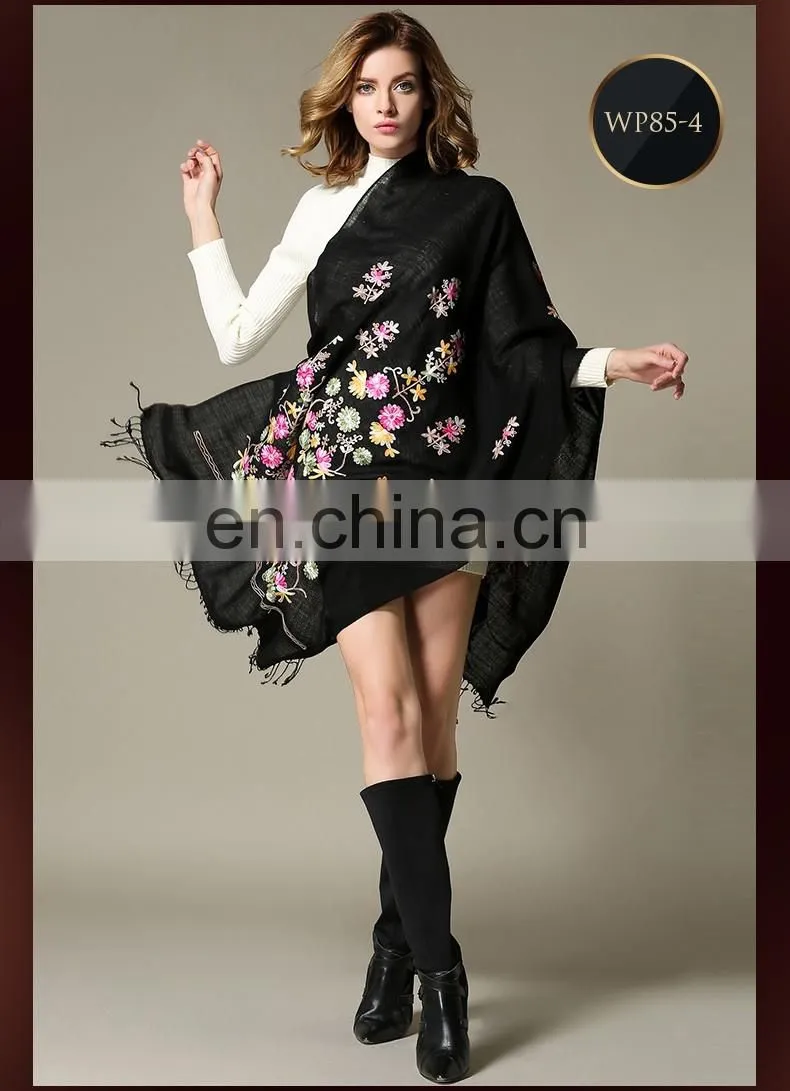 Black Embroidered Wool Scarf for Women black