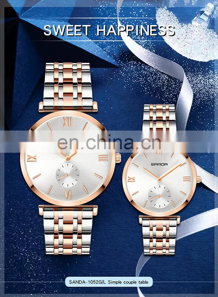Sanda P1052 Luxury Quartz Wrist Watches for Men Women Stainless Steel Chrono Water Resistant Fashion Couple Watch