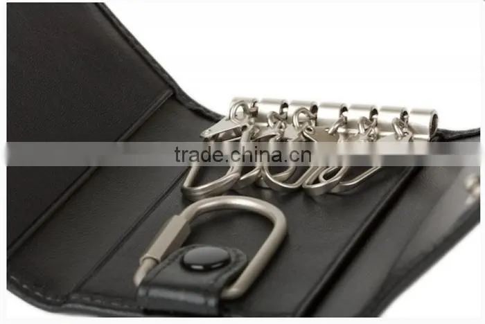 Slim and simple wholesale super-soft genuine leather tri-fold key case with key rings