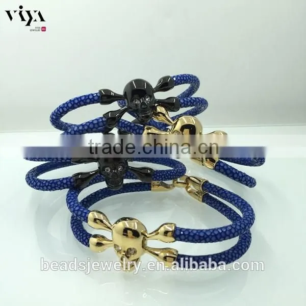 2016 New Coming Stingray/ Python Leather Genuine Leather Bracelet With Skull Clasp Made In China