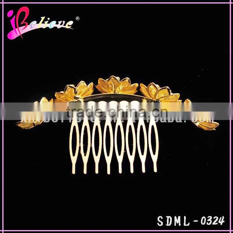 2015 New popular 24k gold foil flower hair accessories,crystal diamond gold flower jewelry hair comb