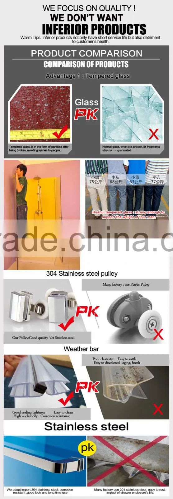 high quality frameless clear glass shower door
