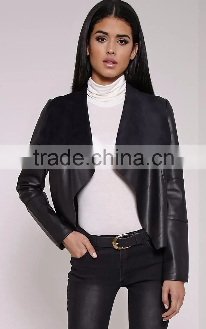 BLACK FAUX LEATHER WATERFALL JACKET