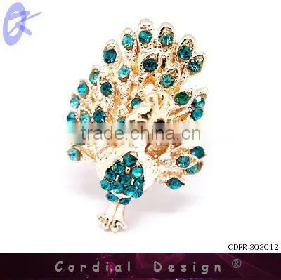 hot sale colour rhinestone fashion peacock cheap spittor ring