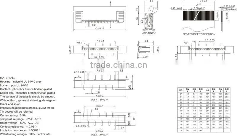 smt right angle FPC connector 0.5A-nPLB(F)