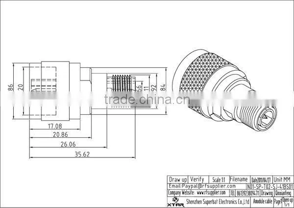 N-TNC RF adapter N Plug to RP-TNC Jack (male pin) straight long Type