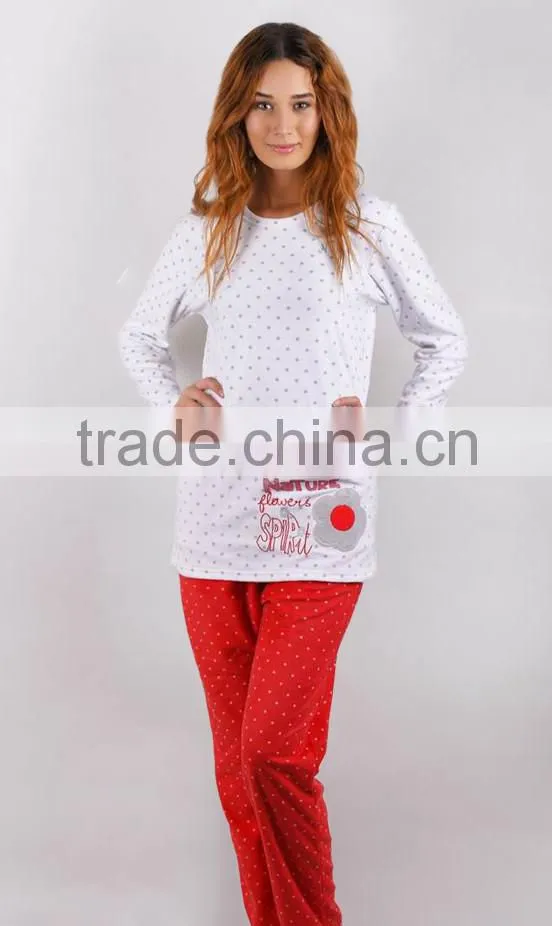 Kevince polar fleece pyjamas set woman pajama white red dots 1000pcs up OEM factory directly