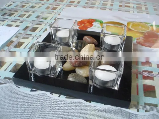 glass candle holder with wooden tray gift set