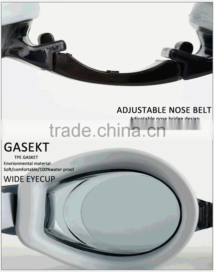 2015 best UV-shield mirror coated swimming glasses with100% silicone strap