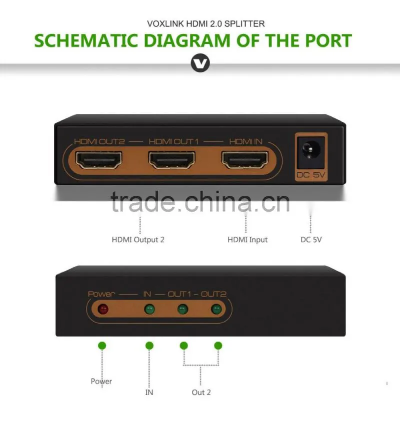Voxlink HDMI 2.0HDR 1x2 HDMI splitter (4K/60Hz/ HDCP2.2)US