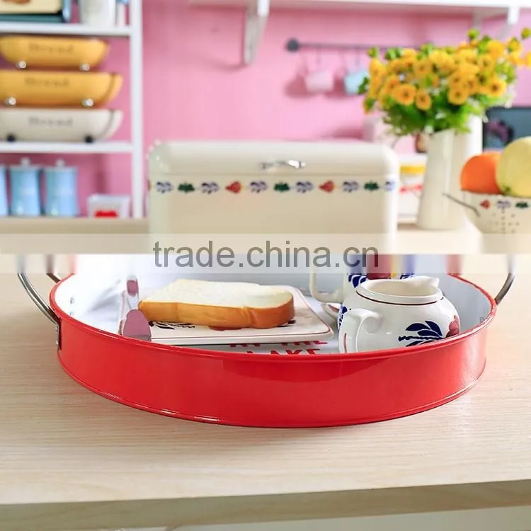 Round metal tin serving tray with anti-slip surface and custom printing