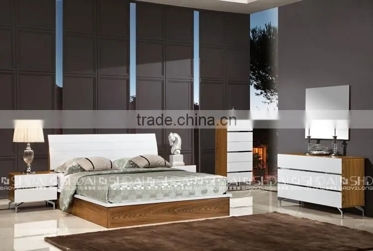 2016 NEW Walnut Color White Headboard Wood Double Bed Designs With Box Storage B-825L