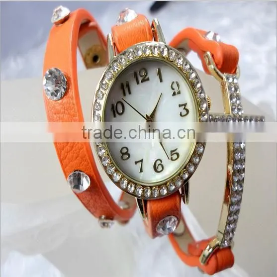 2014 New Arrival Fashion Leather Wrap Bracelet Watch With Crystal Rhinestone Cross