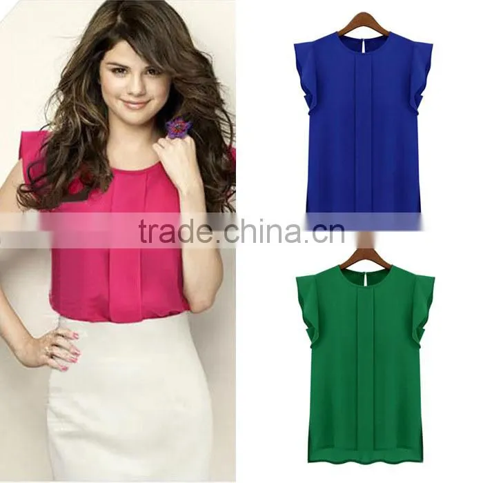 Hot cheap clothes china Womens Summer Casual Clothing Loose Short Tulip Sleeve Chiffon Blouse Shirt Tops