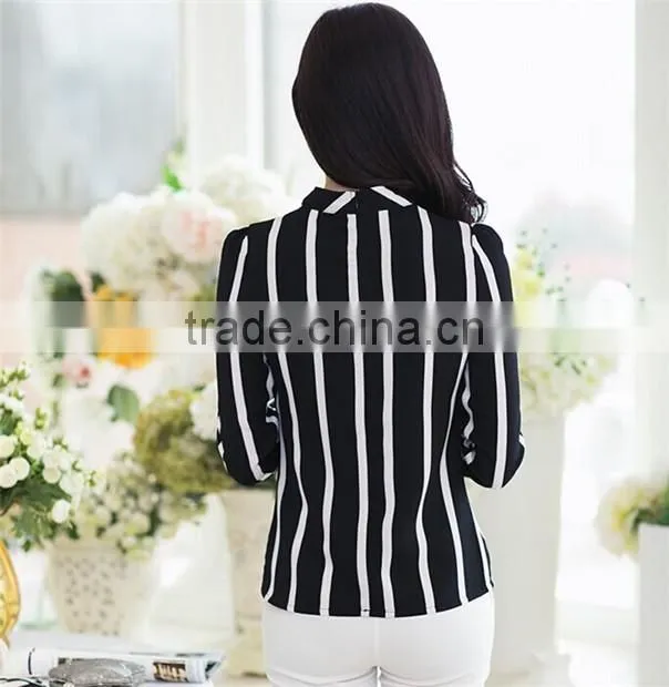 Fashion Korea Womens Stripe Blouse Long Sleeve Shirt Chiffon Slim Fit Tops