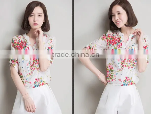 Vintage Floral printed chiffon lady shirts woman casual shirts