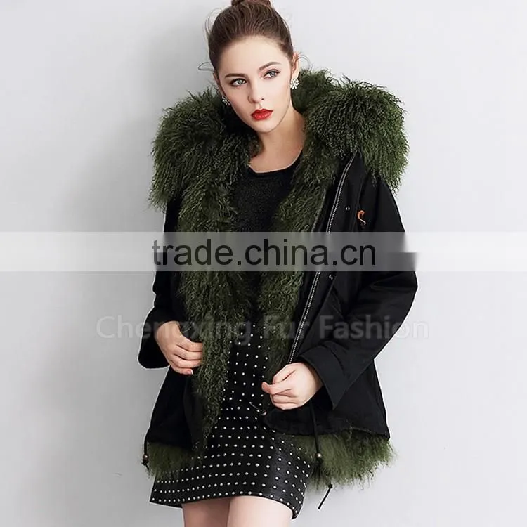 CX-G-P-15 Real Mongolian Lamb Fur Lining Fur Parka Coat for Women