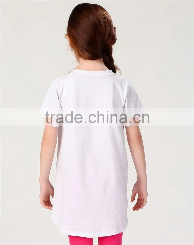 Hot sale long style girls white print letters short sleeve T-shirt with 100% cotton fabric