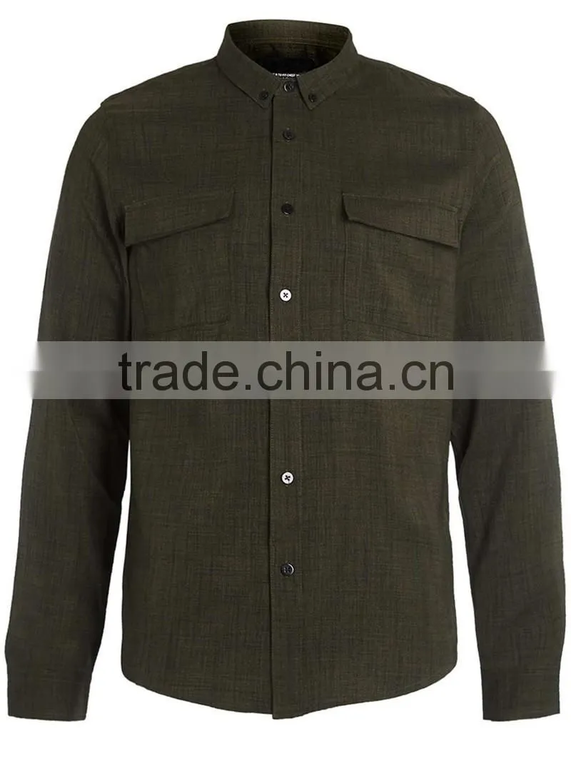 Khaki Long Sleeve cotton shirt with double chest pocket